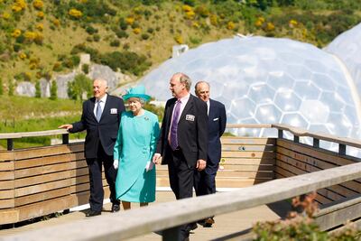 Queen Elizabeth and the late Duke of Edinburgh visit the Eden Project in St Austell, Cornwall. The monarch will hold an audience with world leaders there for the G7 summit. Getty Images