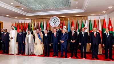 Left to right: Djibouti President Ismail Omar Guellah, Qatar's Emir Tamim bin Hamad Al Thani, Mauritanian President Mohamed Ould Abdel Aziz, Kuwait's Emir Sheikh Sabah Al-Ahmad Al-Jaber Al-Sabah, Saudi Arabia's King Salman bin Abdulaziz, Tunisian President Beji Caid Essebsi, Jordan's King Abdullah II, Palestinian president Mahmoud Abbas, Iraqi President Barham Saleh, Egyptian President Abdel Fattah al-Sisi, Yemeni President Abedrabbo Mansour Hadi, and Lebanese President Michel Aoun, pose together for the group photo with other Arab leaders during the 30th Arab League summit in the Tunisian capital Tunis. AFP