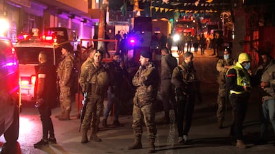 Lebanese soldiers and security forces block the main entrance to the Burj Shamali Palestinian refugee camp following an explosion. AP Photo