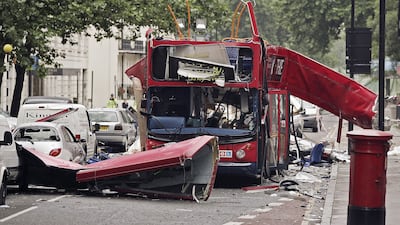 The number 30 bus in Tavistock Square, London, after it was destroyed by one of four bombs that were detonated in the British capital during rush hour on July 7, 2005, killing 52 people. All photos: Getty Images