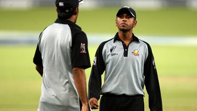 Naeemuddin Aslam and Vikrant Shetty playing as emergency fielding cover for New Zealand in the second Twenty20 cricket match of Cool & Cool Cup in Dubai. Pawan Singh / The National