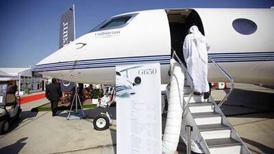 Above, a Gulfstream aircraft on display at the Abu Dhabi Air Expo. Gulfstream has already enjoyed significant growth in the Middle East in the past five years and is expecting more. Sammy Dallal / The National