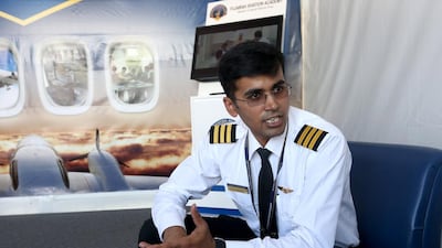 Captaib Vikram Surana from Fujairah Aviation Academy speaks at the Abu Dhabi Air Expo. Fatima Al Marzooqi / The National.