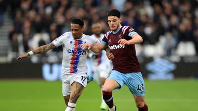 Crystal Palace's Nathaniel Clyne and West Ham's Declan Rice battle. PA