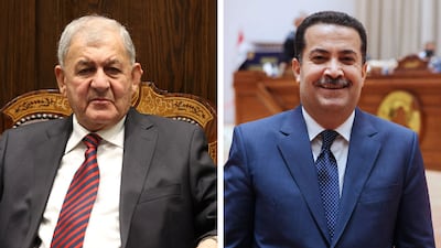 Iraqi president Abdul Latif Rashid (L) and PM nominee Mohammad Al Sudani (R). AFP