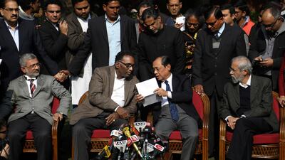 Indian supreme court judges, from left, Kurian Joseph, Jasti Chelameswar, Ranjan Gogoi and Madan Lokur, address media in New Delhi on January 12, 2018. AP Photo