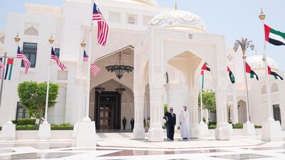 Sheikh Mohamed bin Zayed, Crown Prince of Abu Dhabi and Deputy Supreme Commander of the Armed Forces, receives the King of Malaysia, Sultan Abdullah Sultan Ahmad Shah, at an official reception ceremony at Al Watan Palace. Courtesy Sheikh Mohamed bin Zayed Twitter