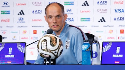 Manager Thomas Tuchel speaks to the media ahead of England's World Cup third-place match against France. EPA