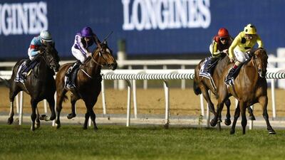 Andrea Atzeni (R) on Postponed from Northern Ireland winning the Dubai Sheema Classic race during the Dubai World Cup 2016 at the Meydan race course in Gulf emirate of Dubai, United Arab Emirates, 26 March 2016. The Dubai World Cup is one of the richest events in the horse racing sporting calendar. EPA/ALI HAIDER