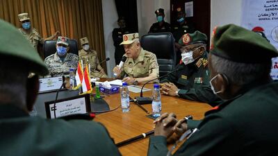 Egyptian military Chief of Staff Mohamed Farid speaks alongside his Sudanese counterpart Mohamed Othman al-Hussein during a meeting of the Egyptian-Sudanese military committee in Sudan's capital Khartoum. AFP