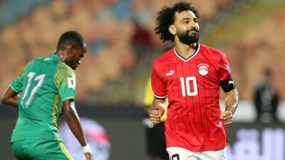 Mohamed Salah celebrates after scoring for Egypt against Djibouti. EPA