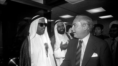 Saif Al Ghurair (left) with Michael Sandberg, chairman of HSBC, during the opening reception of the Bank of Oman's representative office in Hong Kong on September 20, 1978. Getty