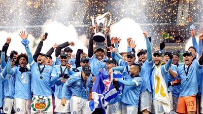 New York City celebrate beating the Portland Timbers in the 2021 MLS Cup championship game at Providence Park. USA TODAY