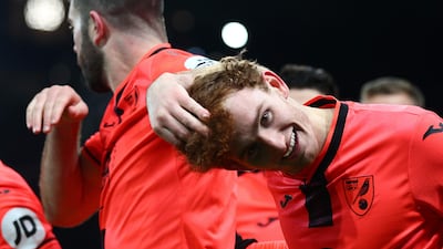 Norwich City's US striker Josh Sargent celebrates scoring his team's second goal against Watford. AFP