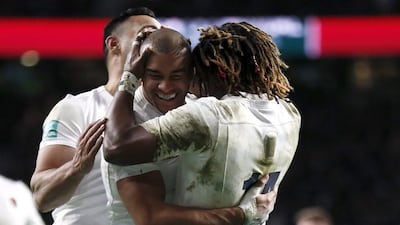 England's Jonathan Joseph celebrates scoring their fourth try with Marland Yarde. Stefan Wermuth / Reuters / December 3, 2016