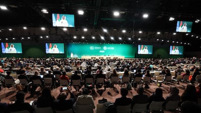 Dr Sultan Al Jaber, President of the Cop28 climate conference, speaks at the opening session. EPA