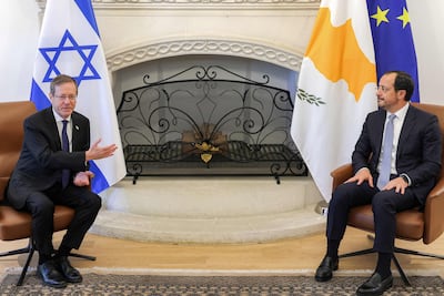Isaac Herzog, left, President of Israel, is hosted by Nikos Christodoulides, President of Cyprus, at the Presidential Palace in Nicosia. AFP