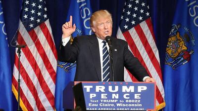 Donald Trump speaks at a campaign stop at UW-Eau Claire's Zorn Arena in Eau Claire. Dan Reiland / The Eau Claire Leader-Telegram via AP Photo