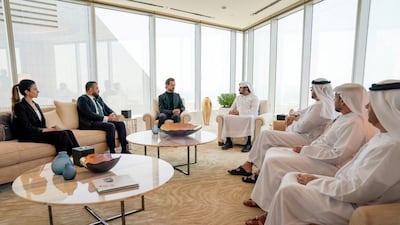 Sheikh Maktoum bin Mohammed, Deputy Ruler of Dubai, meets Jack Dorsey, chief executive of Twitter, in Dubai on Monday. Courtesy Dubai Media Office