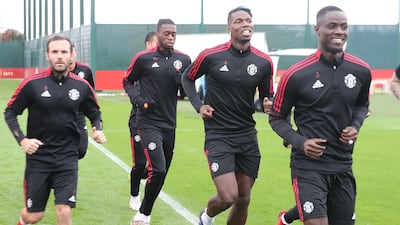 Juan Mata, Aaron Wan-Bissaka, Paul Pogba and Eric Bailly of Manchester United in a first team training session at Carrington Training Ground. All pictures by Getty