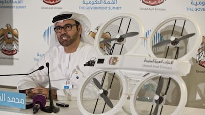 Mohammed Al Gargawi, Minister of Cabinet Affairs, announced at the Government Summit that there will be prize money for those who win the competitions for inventing drones that deliver government services. Antonie Robertson / The National
