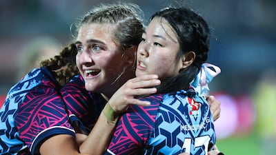 Dubai Warriors celebrate after defeating Dubai College during the Gulf Under-19 Girls final at the Emirates Dubai Sevens. Victor Besa / The National