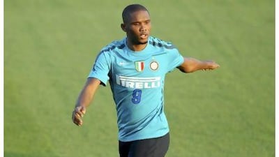 Inter Milan's Samuel Eto'o trains at the Army Stadium in Abu Dhabi on Saturday. Fadi Al-Assaad / Reuters