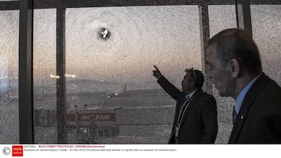 A window damaged by the blast at Istanbul’s Sabiha Gokcen airport on December 23, 2015. Sener Yilmaz Aslan / SIPA / REX /Shutterstock