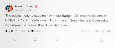 US President Donald Trump uses his Truth Social platform to take a swipe at businessman Elon Musk after their working relationship began to fall apart. Reuters