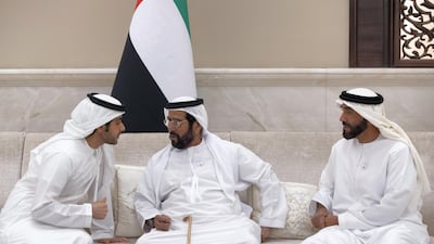 Left to right: Sheikh Hazza bin Tahnoon, Undersecretary to the Ruler's Representative in Al Ain Region, Sheikh Tahnoon bin Mohamed, Ruler's Representative in Al Ain Region and Sheikh Nahyan Bin Zayed, Chairman of the Board of Trustees of Zayed bin Sultan Al Nahyan Charitable and Humanitarian Foundation, attend an iftar reception at Abu Dhabi's Al Bateen Palace.