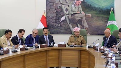 Iraqi Kurdish president Masoud Barzani (centre) meets with Kirkuk governor Najim Al Din Karim (third from left) and Kurdish political party representatives in the disputed province on October 2, 2017. Marwan Ibrahim / AFP