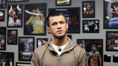 PFL lightweight champion Usman Nurmagomedov speaks to the media.