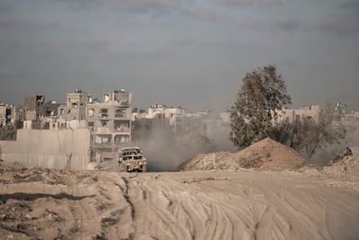 An Israeli army vehicle on the Palestinian side of the Salah Al Din, a strip that runs the length of the Egypt-Gaza border. Getty Images