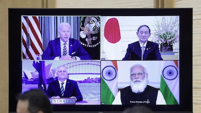 US President Joe Biden, Japanese Prime Minister Yoshihide Suga, Australian Prime Minister Scott Morrison and Indian Prime Minister Narendra Modi during their virtual meeting last week. Bloomberg
