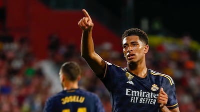 Real Madrid's Jude Bellingham celebrates after scoring against Girona in La Liga. AP