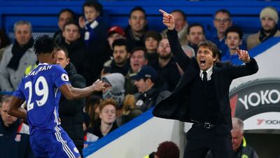 Chelsea manager Antonio Conte gestures on the touchline during the match between Chelsea and Stoke City at Stamford Bridge in London on December 31, 2016. Chelsea won the game 4-2. Adrian Dennis / AFP