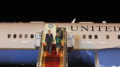 Joe Biden and his wife, Dr Jill Biden, arrive at Abu Dhabi airport. Wam