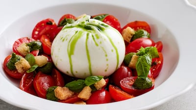 Italian restaurant Cala Vista serves its burrata pomodori in two portion sizes – 125g (Dh95) and 300g (Dh165). Photo: Cala Vista