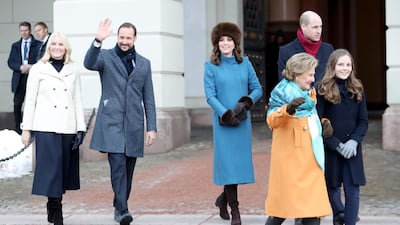 From left: Crown Princess Mette-Marit of Norway, Crown Prince Haakon, Catherine, Duchess of Cambridge, Prince William, Duke of Cambridge, Queen Sonja of Norway and Princess Ingrid Alexandra of Norway. Chris Jackson / Getty Images