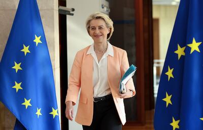 European Commission President Ursula von der Leyen arrives at the start of the weekly meeting of the European College of Commissioners in Brussels. EPA