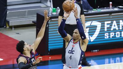 Russell Westbrook shoots over Tobias Harris. AFP
