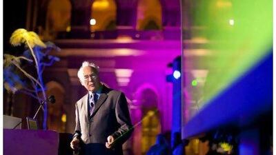 The British scientist Sir Martin Evans speaks at a symposium in Abu Dhabi.