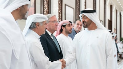 Sheikh Mohamed bin Zayed receives Special Olympics sponsors during an iftar reception at Al Bateen Palace. Rashed Al Mansoori / Ministry of Presidential Affairs