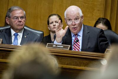 Democratic senator Ben Cardin questions Michael Pompeo during a confirmation hearing on his appointment as US secretary of state on April 12, 2018. Andrew Harrer / Bloomberg