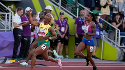 Shelly-Ann Fraser-Pryce reacts after winning gold in the final of the women's 100-metre at the World Athletics Championships. AP
