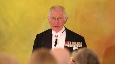 King Charles III during the State Banquet at Bellevue Palace, Berlin, the official residence of the President of Germany, during their State Visit to Germany. Picture date: Wednesday March 29, 2023. PA