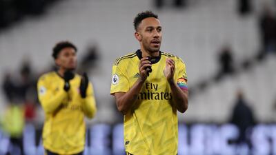 Arsenal's Pierre-Emerick Aubameyang applauds the fans after the match. Reuters