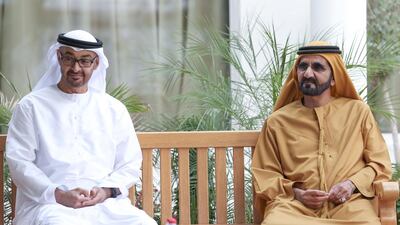 Sheikh Mohammed bin Rashid, Vice President and Ruler of Dubai, and Sheikh Mohammed bin Zayed, Crown Prince of Abu Dhabi and Deputy Supreme Commander of the Armed Forces, attend a lunch meeting in Dubai. Wam