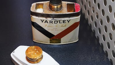 A Yardley talcum powder tin from 1960 used by one of the Portland spy ring to conceal microdot equipment. PA