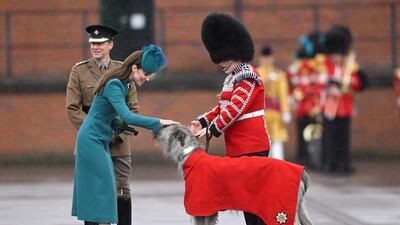 Catherine, Princess of Wales, met the mascot dog of the Irish Guards, an Irish Wolfhound named Seamus, as she attended the St Patrick's Day Parade in Aldershot on Friday. Reuters